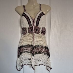 Elegant Crochet Mini Dress - White and Pink